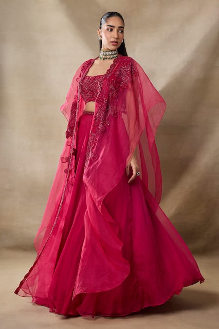 Awigna Red Net, Organza Sequins, Beads Open Neck, Artemis Embroidered Cape Skirt Set Online at Aza Fashions Awigna_Red Net, Organza Sequins, Beads Open Neck, Artemis Embroidered Cape Skirt Set _Online_at_Aza_Fashions
