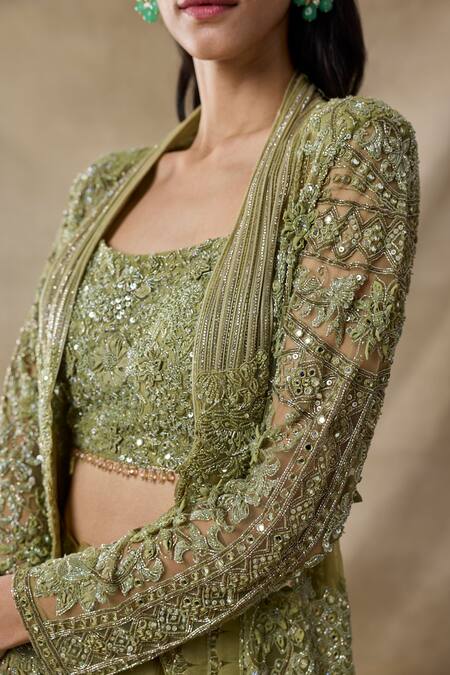 Awigna_Green Net, Organza Sequins, Beads, Metallic Thread, Atehna Cape Skirt Set _Online_at_Aza_Fashions