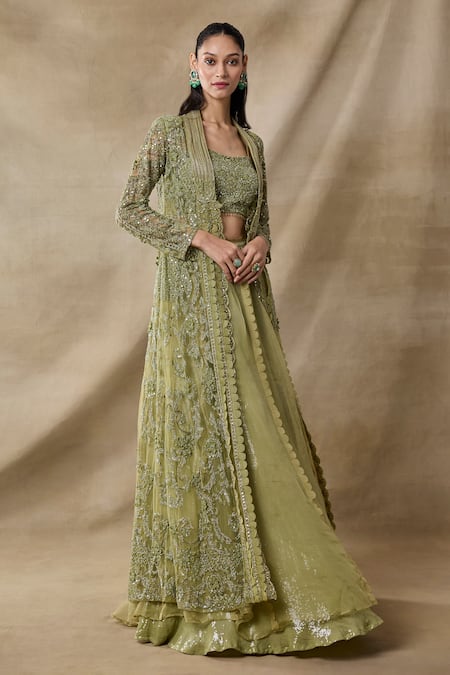 Buy_Awigna_Green Net, Organza Sequins, Beads, Metallic Thread, Atehna Cape Skirt Set _Online_at_Aza_Fashions