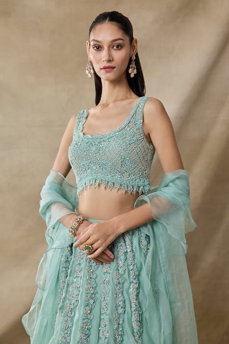 Awigna_Aqua Organza, Net Cut Work, Sequins, Aurore Cutdana Layered Lehenga Set _Online_at_Aza_Fashions