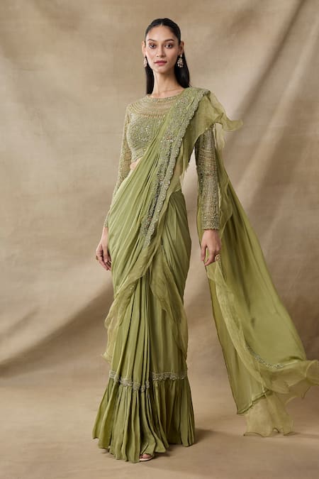 Awigna Bebin Embellished Ruffle Pre-Draped Saree With Blouse 