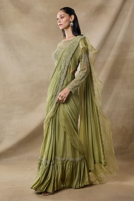 Awigna_Green Chiffon, Organza, Bebin Embellished Ruffle Pre-draped Saree With Blouse _Online_at_Aza_Fashions