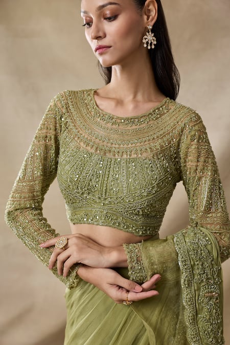 Buy_Awigna_Green Chiffon, Organza, Bebin Embellished Ruffle Pre-draped Saree With Blouse _Online_at_Aza_Fashions