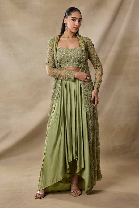Awigna_Green Organza, Satin, Georgette Embroidery Open Chloe Cape Dhoti Skirt Set _Online_at_Aza_Fashions