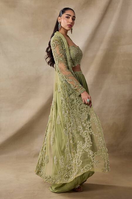 Buy_Awigna_Green Organza, Satin, Georgette Embroidery Open Chloe Cape Dhoti Skirt Set _Online_at_Aza_Fashions