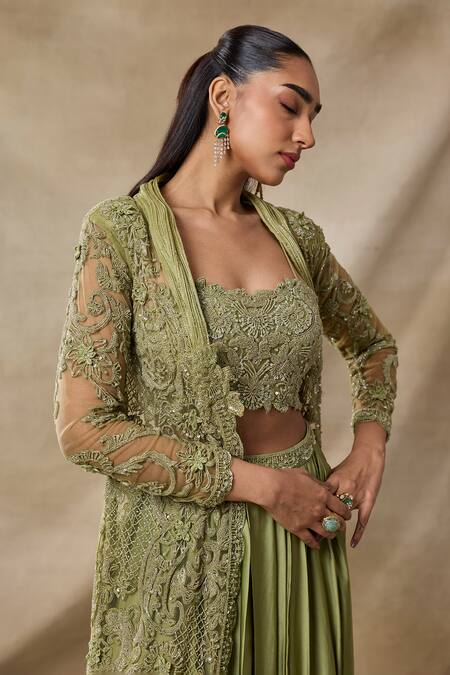 Shop_Awigna_Green Organza, Satin, Georgette Embroidery Open Chloe Cape Dhoti Skirt Set _Online_at_Aza_Fashions