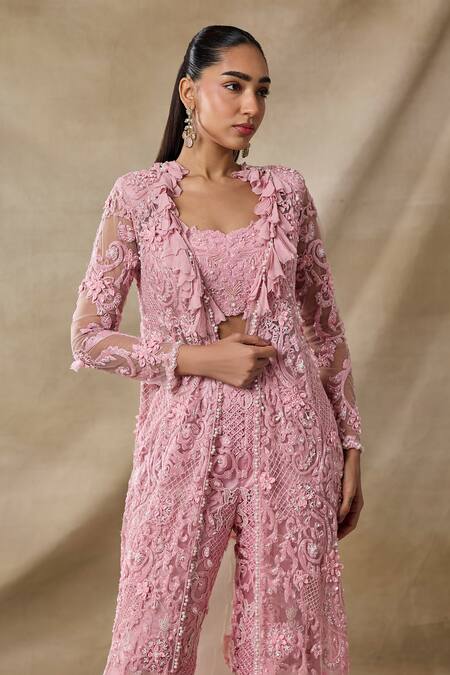 Awigna_Pink Net Embroidery, Sequins, Tassels, Beads Open Neck, Gaia Cape Pant Set _Online_at_Aza_Fashions