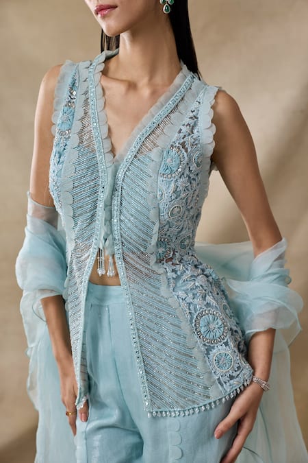 Awigna_Blue Organza, Net Embroidery, Sequins, Cut Cybele Peplum Jacket Sharara Set _Online_at_Aza_Fashions