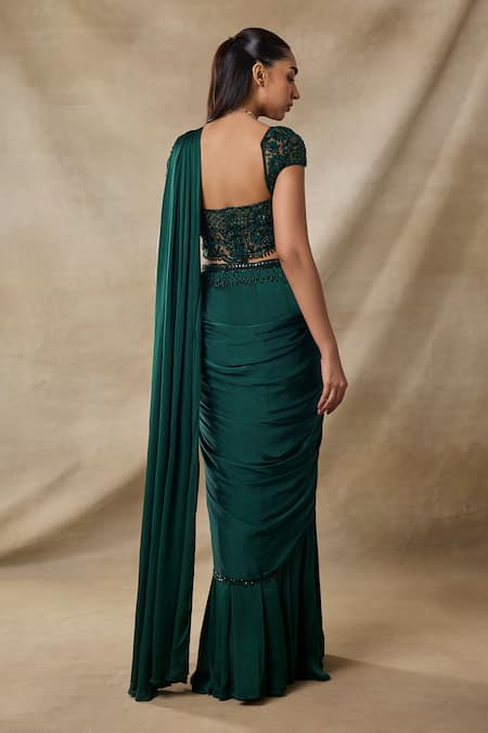 Awigna Ceres 3D Floral Embroidered Pre-Draped Saree With Blouse 