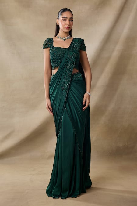 Awigna_Green Satin, Georgette Beads, Ceres 3d Floral Pre-draped Saree With Blouse _Online_at_Aza_Fashions