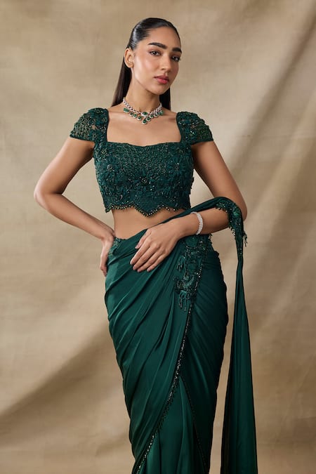 Buy_Awigna_Green Satin, Georgette Beads, Ceres 3d Floral Pre-draped Saree With Blouse _Online_at_Aza_Fashions
