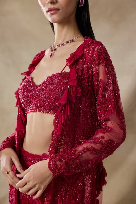 Awigna_Red Net Embroidery, Beads, Sequins Open Neck, Sweetheart Eos Long Cape Pant Set _Online_at_Aza_Fashions