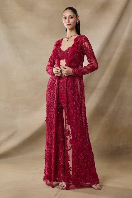 Buy_Awigna_Red Net Embroidery, Beads, Sequins Open Neck, Sweetheart Eos Long Cape Pant Set _Online_at_Aza_Fashions