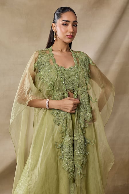 Awigna_Green Organza, Net Embroidery Open Neck, Sweetheart Hormonie Cape Skirt Set _Online_at_Aza_Fashions