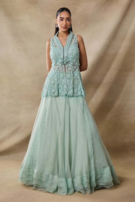 Awigna Hera Embroidered Peplum Jacket & Ruffled Skirt 