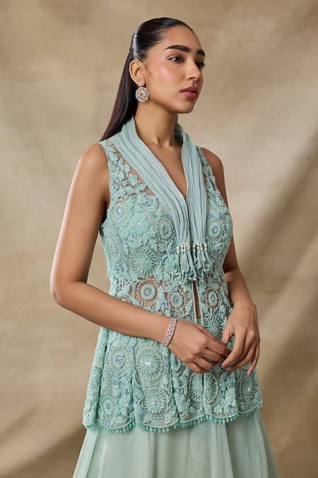 Buy_Awigna_Green Organza Ruffles, Embroidery, Sequins V-neck Hera Peplum Jacket And Skirt _Online_at_Aza_Fashions