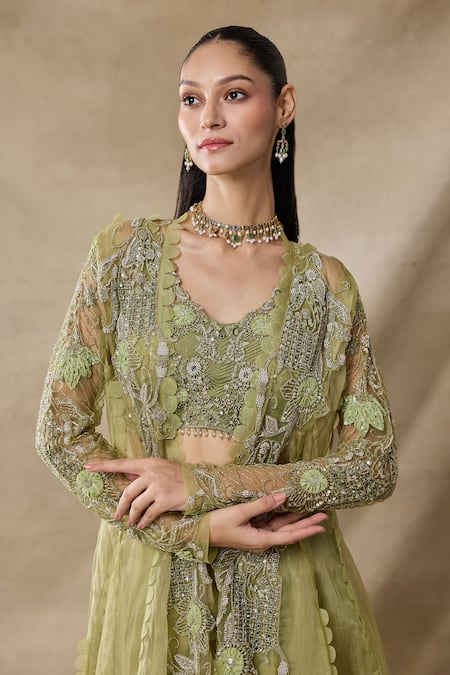Awigna_Green Net, Organza Embroidery, Sequins, Beads Open Neck, Hestia Cape Skirt Set _Online_at_Aza_Fashions