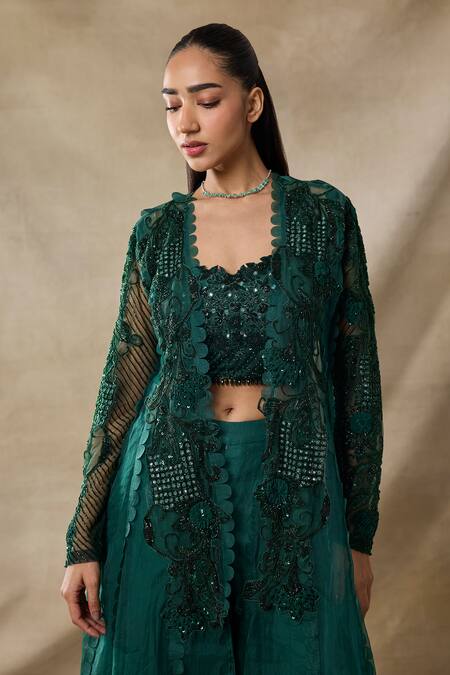Awigna_Green Net, Organza Sequins, Embroidery Open Neck, Hecate Cape Sharara Set _Online_at_Aza_Fashions