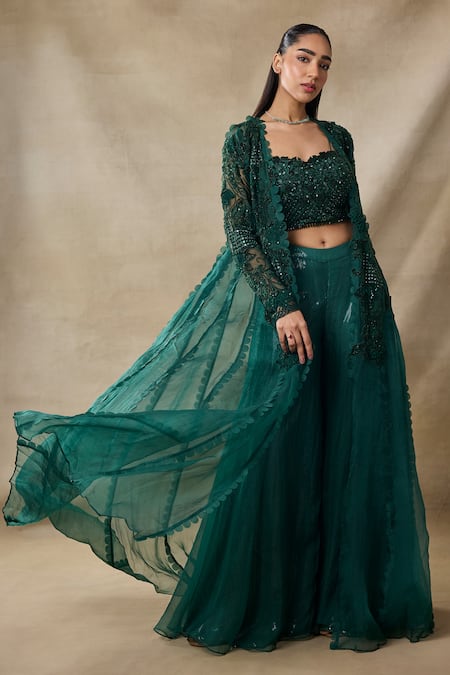 Buy_Awigna_Green Net, Organza Sequins, Embroidery Open Neck, Hecate Cape Sharara Set _Online_at_Aza_Fashions