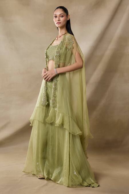 Awigna_Green Net, Organza Sequins, Embroidery Open Neck, Scoop Iris Cape Sharara Set _Online_at_Aza_Fashions