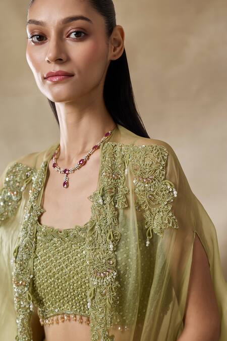 Shop_Awigna_Green Net, Organza Sequins, Embroidery Open Neck, Scoop Iris Cape Sharara Set _Online_at_Aza_Fashions