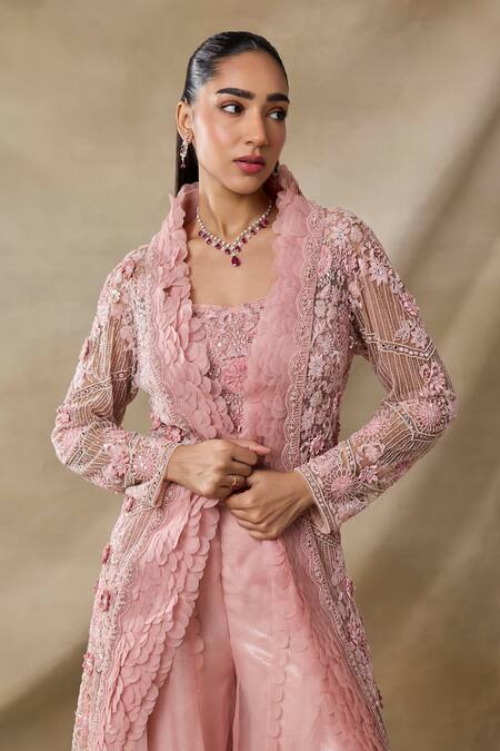 Buy Awigna Pink Organza Embroidery, Sequins, Cut Work Open Juno Floral Cape Sharara Set Online at Aza Fashions Buy_Awigna_Pink Organza Embroidery, Sequins, Cut Work Open Juno Floral Cape Sharara Set _Online_at_Aza_Fashions