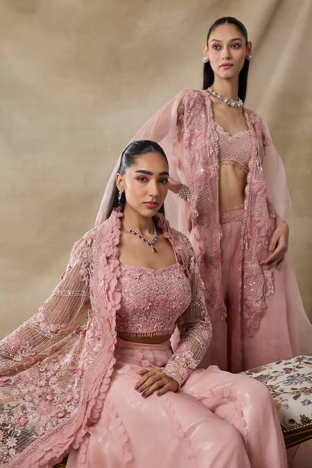 Shop Awigna Pink Organza Embroidery, Sequins, Cut Work Open Juno Floral Cape Sharara Set Online at Aza Fashions Shop_Awigna_Pink Organza Embroidery, Sequins, Cut Work Open Juno Floral Cape Sharara Set _Online_at_Aza_Fashions
