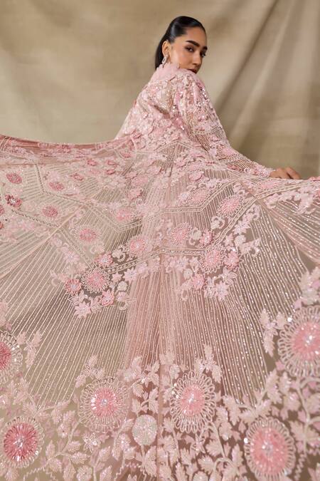 Awigna Pink Organza Embroidery, Sequins, Cut Work Open Juno Floral Cape Sharara Set at Aza Fashions Awigna_Pink Organza Embroidery, Sequins, Cut Work Open Juno Floral Cape Sharara Set _at_Aza_Fashions