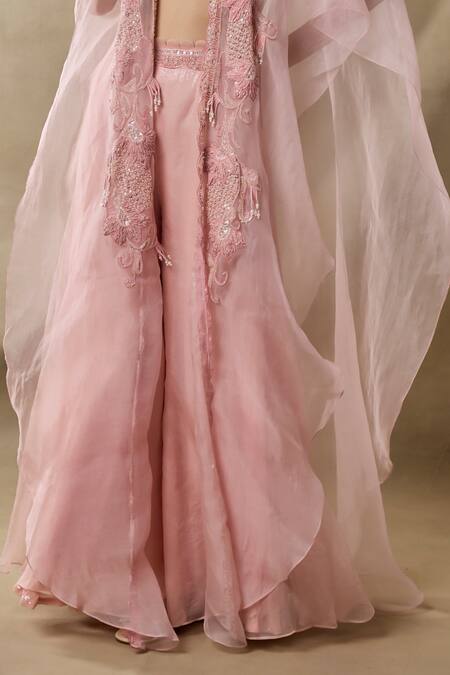 Awigna Pink Organza, Net Beads, Sequins, Embroidery Open Neck, Leto Cape Sharara Set Online at Aza Fashions Awigna_Pink Organza, Net Beads, Sequins, Embroidery Open Neck, Leto Cape Sharara Set _Online_at_Aza_Fashions