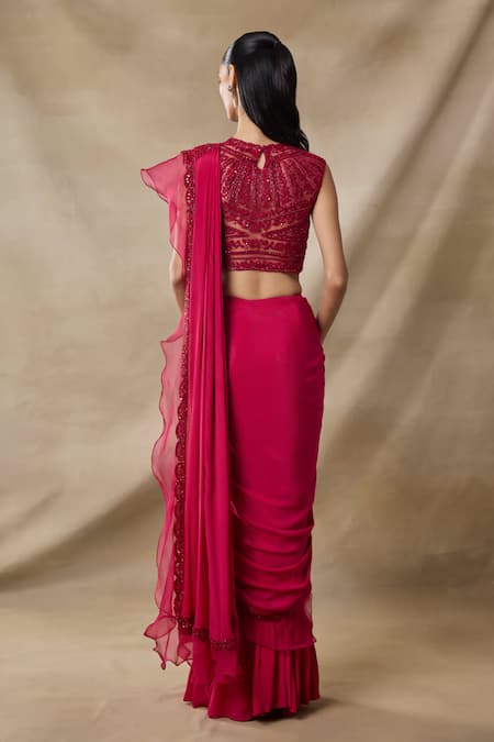 Awigna Errinyes 3D Floral Embroidered Pre-Draped Saree With Blouse 