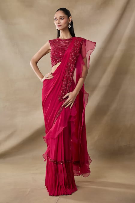 Awigna Errinyes 3D Floral Embroidered Pre-Draped Saree With Blouse 