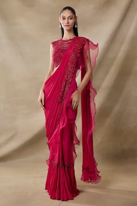 Awigna_Red Chiffon, Organza Errinyes 3d Floral Embroidered Pre-draped Saree With Blouse _Online_at_Aza_Fashions