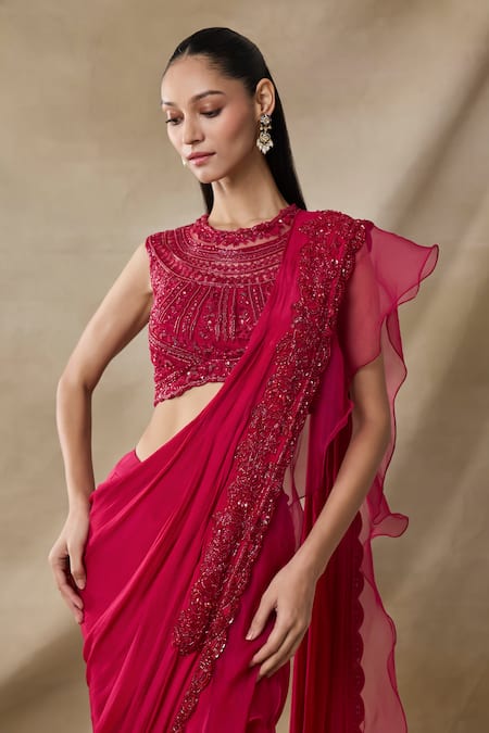 Buy_Awigna_Red Chiffon, Organza Errinyes 3d Floral Embroidered Pre-draped Saree With Blouse _Online_at_Aza_Fashions