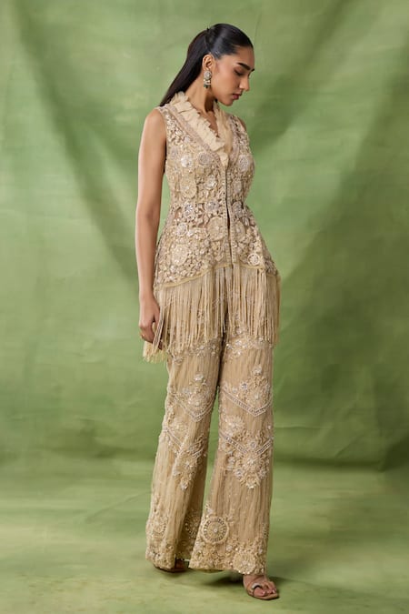 Awigna Luna Embellished Peplum Top & Pant Set 