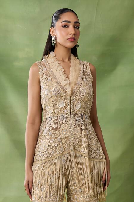 Awigna_Gold Net Embroidery, Sequins, Fringe, Luna Embellished Peplum Top And Pant Set _Online_at_Aza_Fashions