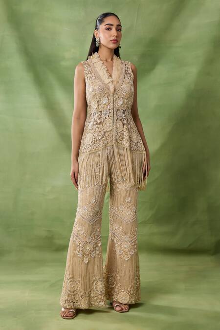 Buy_Awigna_Gold Net Embroidery, Sequins, Fringe, Luna Embellished Peplum Top And Pant Set _Online_at_Aza_Fashions