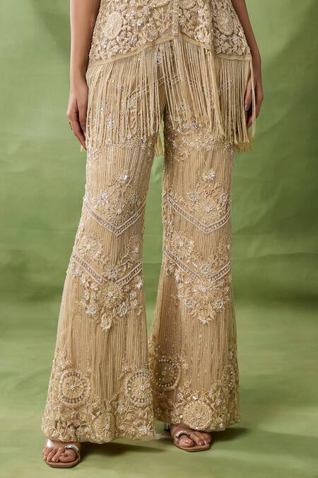 Shop_Awigna_Gold Net Embroidery, Sequins, Fringe, Luna Embellished Peplum Top And Pant Set _Online_at_Aza_Fashions