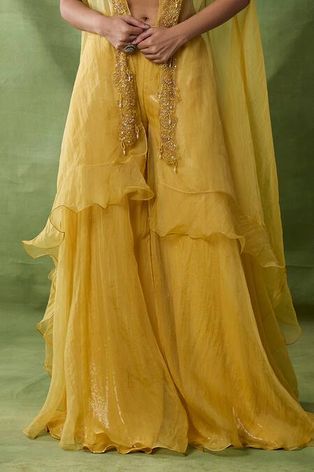 Awigna_Yellow Organza, Net Beads, Sequins, Embroidery Square Themis Cape Sharara Set _Online_at_Aza_Fashions