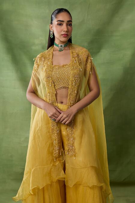 Buy_Awigna_Yellow Organza, Net Beads, Sequins, Embroidery Square Themis Cape Sharara Set _Online_at_Aza_Fashions