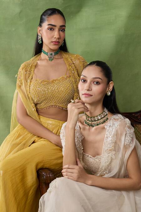 Shop_Awigna_Yellow Organza, Net Beads, Sequins, Embroidery Square Themis Cape Sharara Set _Online_at_Aza_Fashions