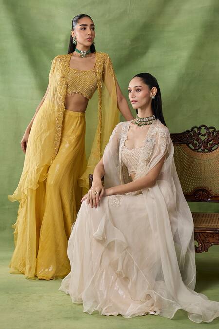 Awigna_Yellow Organza, Net Beads, Sequins, Embroidery Square Themis Cape Sharara Set _at_Aza_Fashions
