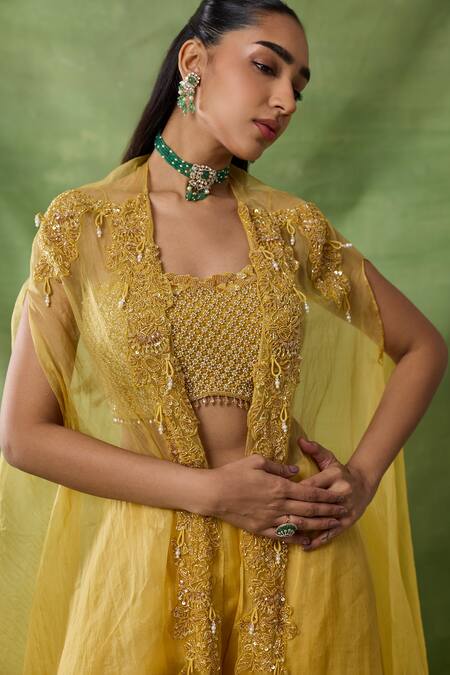 Buy_Awigna_Yellow Organza, Net Beads, Sequins, Embroidery Square Themis Cape Sharara Set 