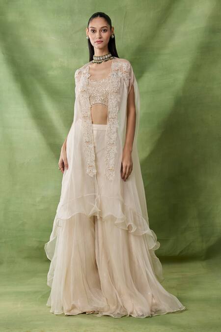 Buy_Awigna_Ivory Organza, Net Beads, Sequins, Embroidery Open Uranie Cape Sharara Set _Online_at_Aza_Fashions