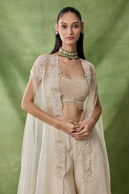 Shop_Awigna_Ivory Organza, Net Beads, Sequins, Embroidery Open Uranie Cape Sharara Set _Online_at_Aza_Fashions