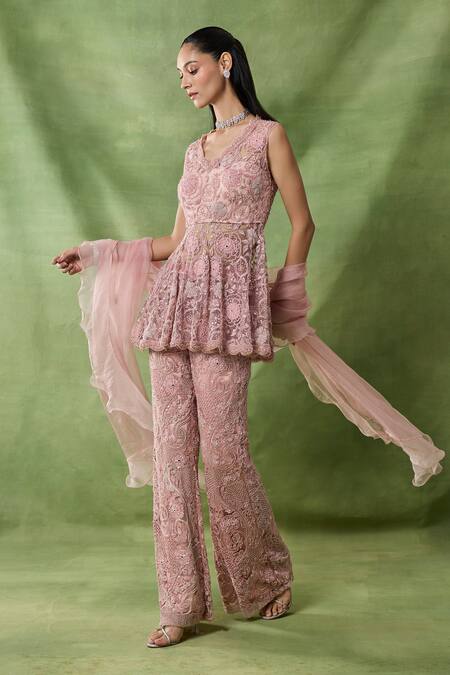 Awigna_Pink Organza, Net Embroidery, Sequins V-neck Artio Peplum Top Pant Set _Online_at_Aza_Fashions