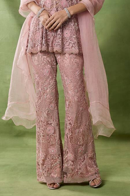 Buy_Awigna_Pink Organza, Net Embroidery, Sequins V-neck Artio Peplum Top Pant Set _Online_at_Aza_Fashions
