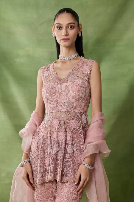 Shop_Awigna_Pink Organza, Net Embroidery, Sequins V-neck Artio Peplum Top Pant Set _Online_at_Aza_Fashions
