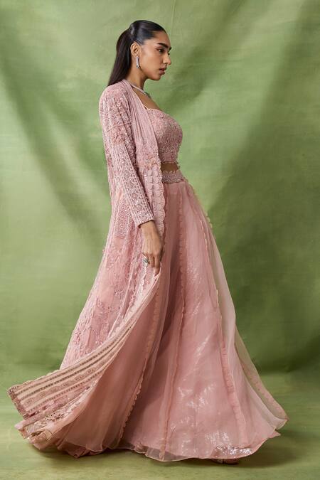 Awigna Pink Organza, Net Embroidery, Sequins, Cut Work Sequana Floral Cape Sharara Set Online at Aza Fashions Awigna_Pink Organza, Net Embroidery, Sequins, Cut Work Sequana Floral Cape Sharara Set _Online_at_Aza_Fashions