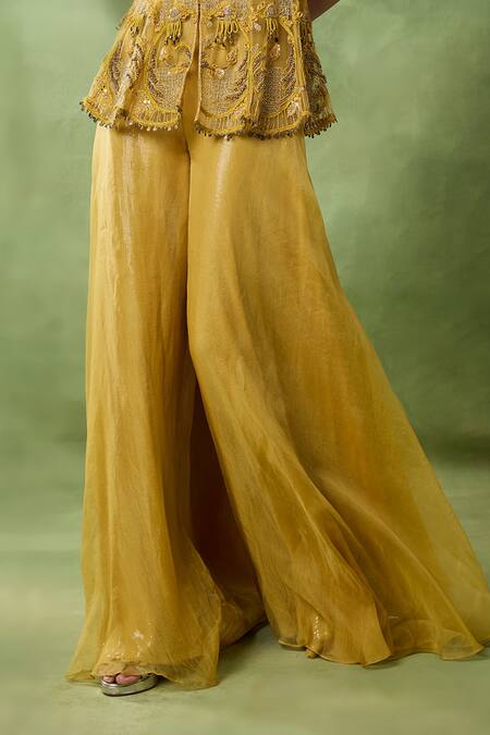 Buy_Awigna_Mustard Organza, Net Embroidery, Beads, Sequins Melusine Peplum Top Sharara Set _Online_at_Aza_Fashions