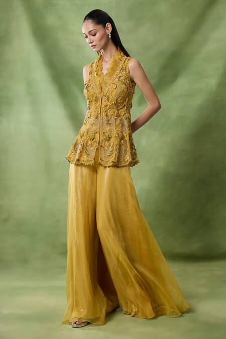 Shop_Awigna_Mustard Organza, Net Embroidery, Beads, Sequins Melusine Peplum Top Sharara Set _Online_at_Aza_Fashions